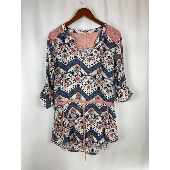 EUC En Elly Anthropologie XS Pink Floral Tunic Drawstring Pockets Roll Tab Flowy - Picture 1 of 9